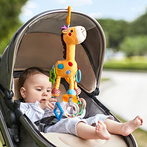 TUMAMA KIDS Baby Spielzeug 0 3 6 9 Monate, Giraffe Hängendes Rasselspielzeug Baby Kinderwagen Spielzeug mit Windspielen,Autositz Krippe Plüsch Tier Aktivitäts Spielzeug Geschenk für Neugeborene