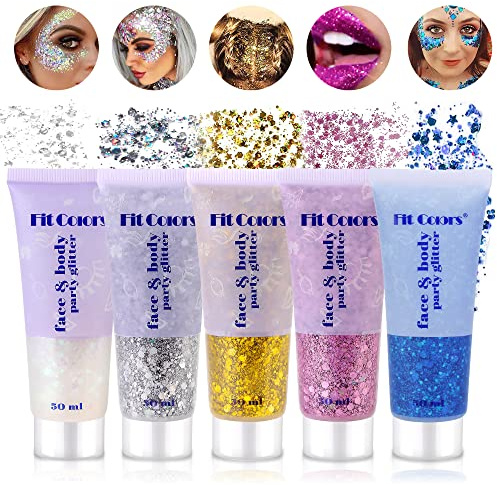 Vegena - Lot de 5 bouteilles de gel pailleté pour le corps - Pour le visage, les cheveux, les lèvres, les ongles, les festivals, les fêtes - Blanc + argent + or + rose + bleu