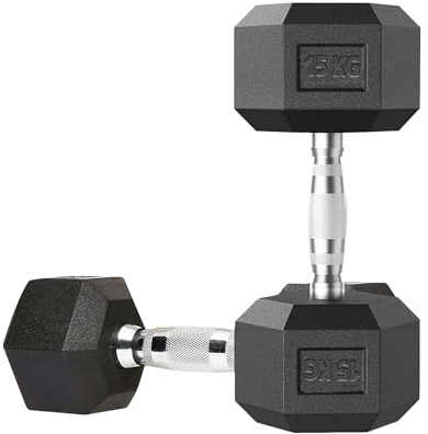 MAXSTRENGTH Hexhantelset 7,5 kg 10 kg 15 kg enkelt eller par polygummi inneslutna hantlar vikter set gjutjärn krom hem eller gym styrka träningsutrustning (15 kg x 2 (par))