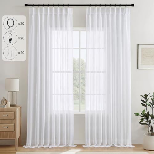 MIULEE Visillos Cortinas Translucida Cortinas Plisadas con Ganchos para Sistema de Riel, Solapa Trasera para Barra, Salón Ventana Habitación Dormitorio,2 Piezas,132X225CM,Blanco