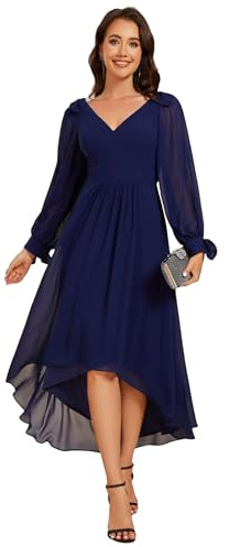 Ever-Pretty Women Dress Midi Bridesmaid Dress High-Low Chiffon with Double V and Long Sleeve Elegant Wedding Guest Dress Navy Blue 10UK