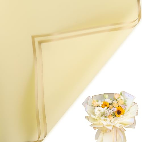 20 hojas de papel de regalo para ramo de flores, papel de regalo impermeable para bodas, cumpleaños, fiestas, decoración de regalos, manualidades, 57 x 57 cm (amarillo claro y borde dorado)