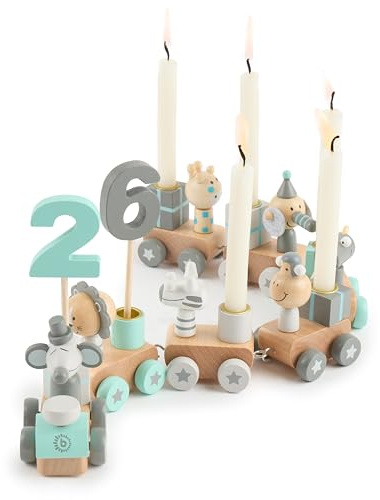 Bieco Treno di compleanno, effetto scandi, 0-99 anni, con 6 candele, decorazione da tavolo, compleanno bambini, trenino