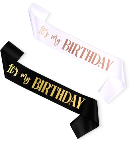 It's My Birthday Lot de 2 écharpes d'anniversaire en satin pour femme fille garçon noir et blanc Décoration Happy Birthday Sash pour fille