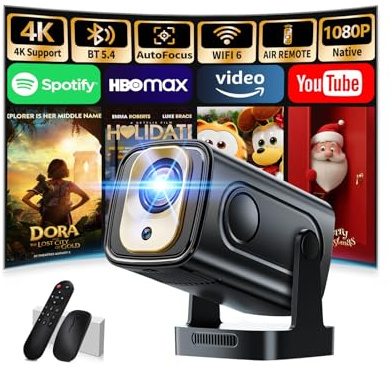 Mini Projector with 1080P 4K Full HD Portable Projector with WiFi 6 and Bluetooth 5.4, Auto Focus Correction for Bedroom, 270° Rotatable, Built-in Apps,for TV Sticks/HDMI/USB/PC/Laptops-Black