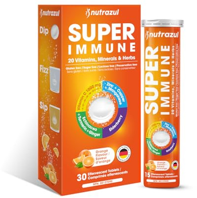 nutrazul Super Immune 30 Effervescent Tablets, 20 Vitamins & Minerals, Herbal Extracts to Support Daily Routine, Vitamin C, Zinc, Elderberry & Echinacea, Gluten-Free, Sugar-Free, Orange Flavor