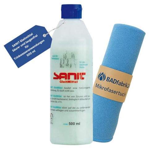 BADfabrik24 SANIT Gleitmittel 500 ml + Mikrofasertuch – trinkwassergeeignetes Montagegleitmittel – säurefrei & hautverträglich – für Rohr-, Muffen- & Schlauchverbindungen