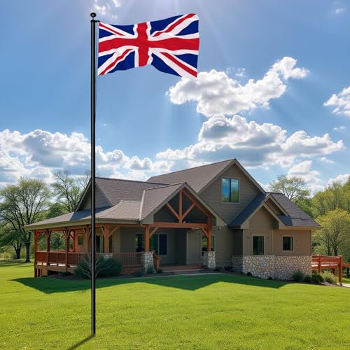 Outopee 20FT Aluminium Sectional Flagpole Kit, Detachable Flag Pole in Ground with UK Flag, Black Ball Finial and Halyard Rope for Residential, Garden Yard and Commercial Use, Black