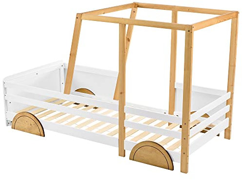 Goldicoo Bilbädd, barnsäng, träsäng 90 x 200, för pojkar av trä – barnsäng med ribbotten och undersängsrum – vit
