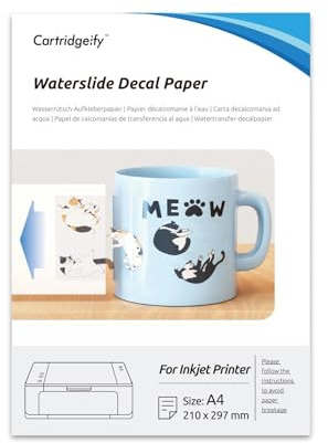 Cartridgeify Papier de Transfert à l’Eau Inkjet A4 Transparent – 5 Feuilles pour DIY sur Tasses, Assiettes, Verre, Bougies – Compatible Imprimantes Jet d’Encre, Idéal Cadeaux & Décoration