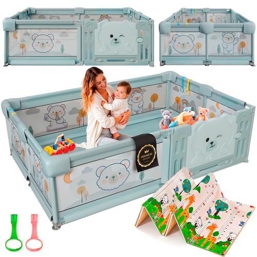 DeFieltro Parque Infantil Bebe 120x180 cm EXTRAFUERTE - Corral para Bebe Plegable FÁCIL Montaje- Corralito Bebe Acolchado y Zona de Juegos - Cuna Parque Bebe Grande Colchon +2 Agarraderas