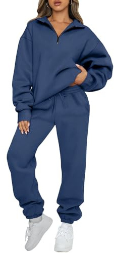 JFAN Conjunto Chandal Mujer 2 Piezas Traje Top Manga Larga con Media Cremallera Conjunto Chandal Pantalones Deportivos Casuales Sudadera Azul Oscuro XL