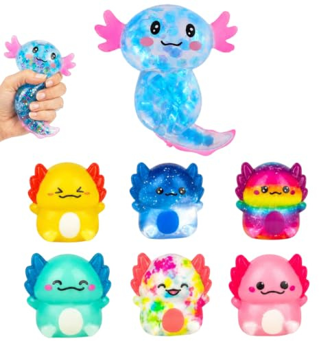 GETFACAI 7 PCS Axolotl Squishy, Glitter Figures with 1 Large Blue and 6 Random Colors, Office Desk Accessory for Focus Enhancement, Portable Pocket Sized Toy for Mindfulness Practice