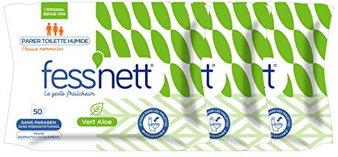 Fess’nett Papier Toilette Humide Pocket Vert Aloe x50 - Formule Testée Dermatologiquement 0% Parabène 0% Phenoxyethanol - Pour Peaux Normales - Lot de 3