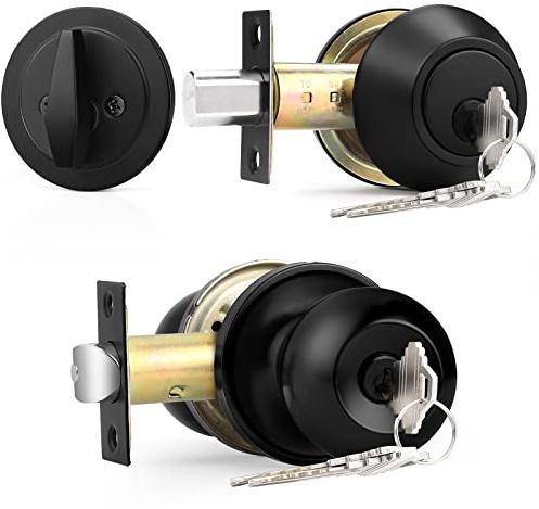 Probrico Flat Black Entry Door Knob and Single Cylinder Deadbolt Set, Keyed Alike, 1Pack