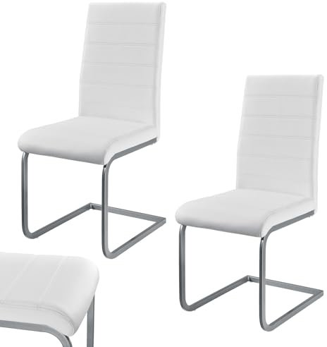 Juskys Freischwinger Schwingstuhl Vegas 2er Set - 2 Esszimmerstühle mit Rückenlehne, Küchenstühle aus Metall & Kunstleder - Stühle modern für Esszimmer, Wohnzimmer & Küche - Weiß