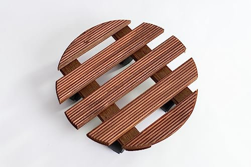 RADO WOOD Wooden Plant Pot Caddy - 30cm Round - Vintage style - Grooved Surface - Garden Plant Pot Trolley - Stand Mover Dolly on Wheels - Indoor & Outdoor – Dark Brown