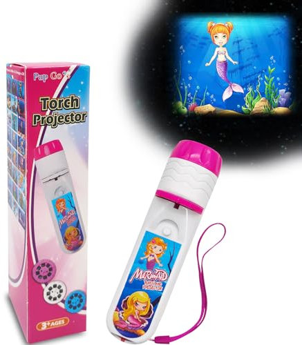 Pup Go Sirena Cuento de Hadas Linterna Proyector Antorcha Diapositivas con 3 Discos y 24 Imágenes, Pared Techo Tienda Ciencia Educativo Juego, Mini Proyector Juguetes para Niños y Niñas 3+ años