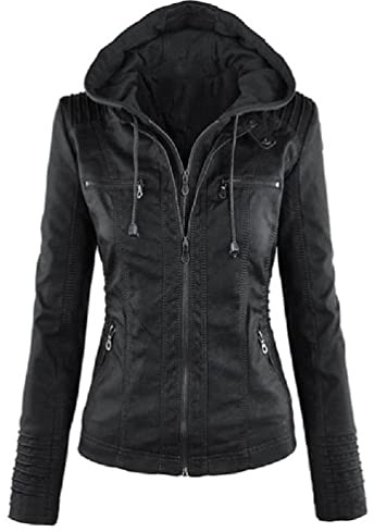 Oyrcvweuy Veste courte en similicuir avec capuche amovible pour femme - Blouson de moto zippé avec capuche amovible, Noir , XL