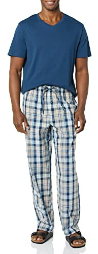 Amazon Essentials Set Pigiama con Pantaloni in Popeline di Cotone Elasticizzato e T-Shirt in Jersey di Cotone Uomo, Blu Marino Motivo Scozzese/Indaco, L