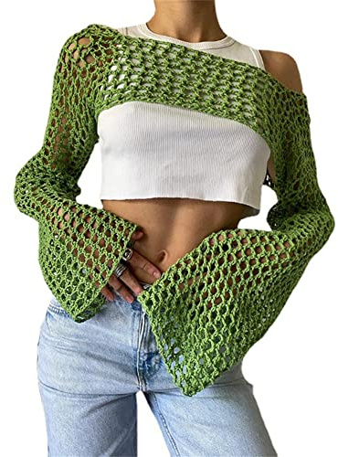 KEOMUD Top Corto de Malla de Ganchillo para Mujer, Manga Larga, Ahuecado, suéter de Punto Recortado, para Bikini, Playa, Transparente, Verde, M
