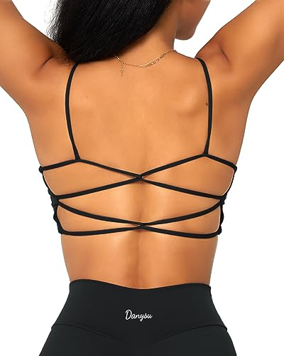 Danysu Womens Backless Sports Bra Open Back Workout Top Light Support Strappy Sport Bra Cute Gym Clothes Crisscross Black XS