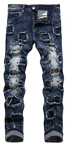 Baylvn Jean coupe ajustée pour homme, jeans en patchwork, confortable, style biker skinny, 28