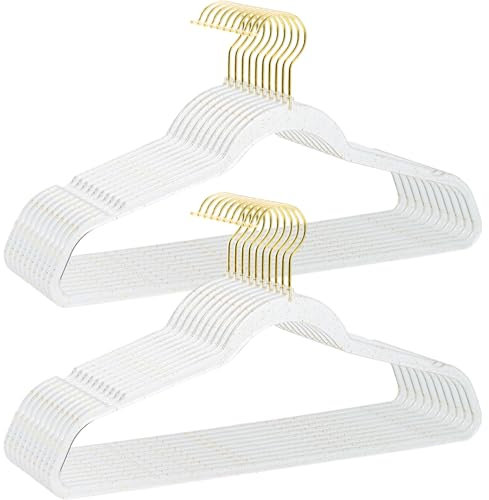 Kleiderbügel Kunststoff 20 Stück, Bügel Platzsparend, Rutschfest 0,4cm Dick, 41cm Breit, Hemdenbügel für Kleider Blusen Röcke, 360°Drehbaren Haken Golden-Transparente mit Goldenes Glitzerpulver, Acryl