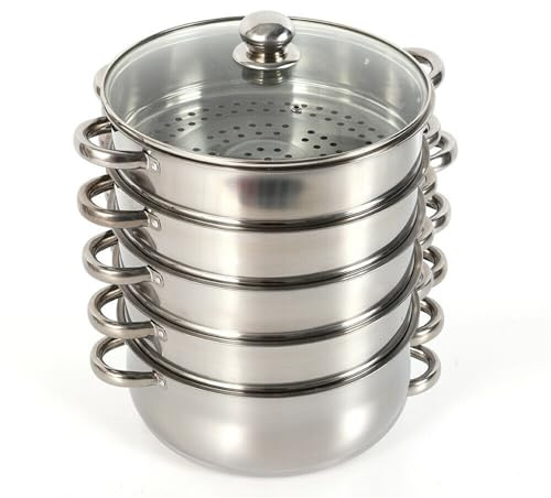 KEESUNG Dampfgarer 5-stöckig Edelstahl Glasdeckel Dampfgarer Kochtopf Multifunktion Silber für alle Herdarten 30cm