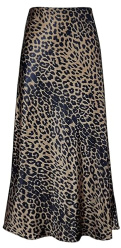 Outoshe Maxi gonne da Donna in Raso a Vita Alta con Elastico Nascosto in Vita Una Linea Gonna Lunga, Marrone Leopardato., XX-Large