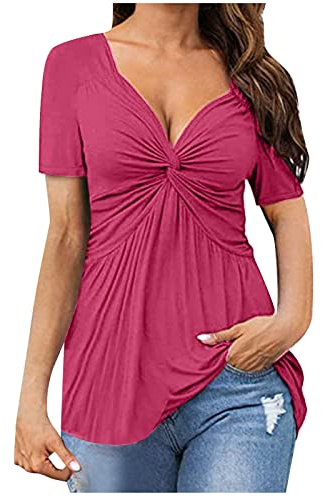 T Shirts for Women UK Clearance,Ladies Tie Front Blouse Elegant Going Out Tops Short Sleeve Shirt Low Cut V Neck Loose Summer Tee Shirt Pleated Floaty Work Dressy Longline Tunic Tops Deals Hot Pink
