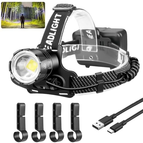 NAKCNM Linterna frontal de 10000 lúmenes, XHP70 Potente linterna frontal recargable LED USB, linterna frontal zoomable impermeable con 3 pilas y 3 modos [Clase de eficiencia energética