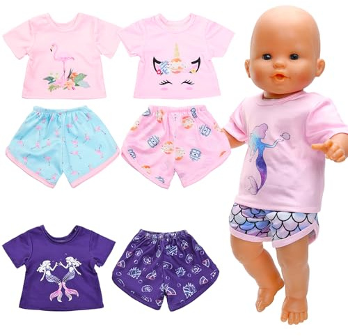 Miunana 4 set dockkläder, kläder, kläder för 35–43 cm babydockor, sjöjungfru enhörningsmönster dockor sommarkläder för 14–17 tum baby docka presenter för flickor (docka ingår ej)