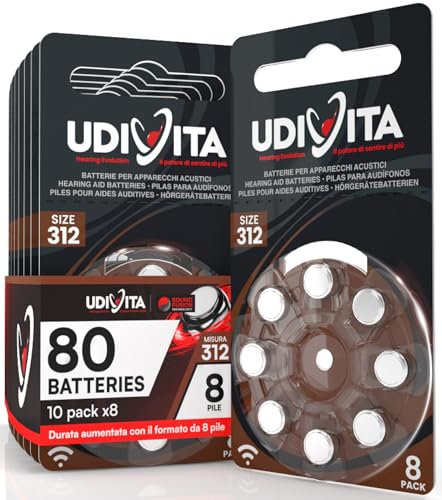 80 Batterie Per Apparecchi Acustici Auricolari Udivita Misura 312 PR41 (Marroni) Tecnologia Phono Pulse - 10 Blister da 8 Pile
