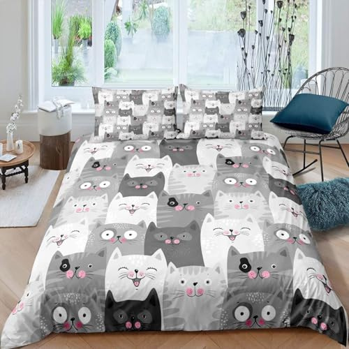 Tabeskly Kids Girls Cartoon Cat Cute Soft Zipper Bed Bedding Duvet Cover Set Single Multicolor 135×200cm