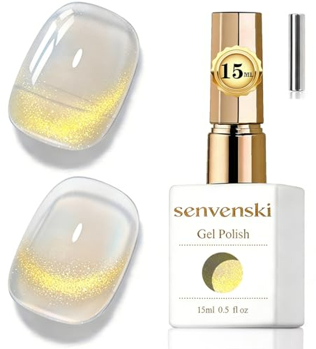 Senvenski Jelly Glass Cat Eye Gel Nail Polish with Magnet 15ML Magnetic 3D Galaxy Holographic Glitter Translucent Sheer Color Gel Polish Salon Home DIY (Gold, MY1-017)
