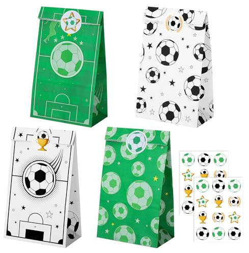 woric 20 Stück Papiertüten Fussball, 4 Stile Fußball Mitgebsel Tüten Geburtstagstüten Partytüten mit 24 Aufkleber für Fussball Deko Geburtstag Kinder Mottoparty Giveaways