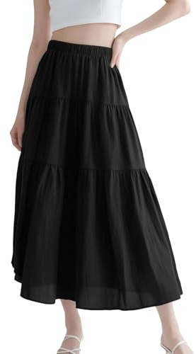 Fiohiros Maxi Skirts for Women UK, Elastic High Waist Ladies Long Skirts Elegant A-Line, Vintage Summer Tiered Maxi Skirt