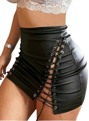 Floerns Women's High Waist Leather Mini Skirt Lace Up Side Night Out Bodycon Skirts Black Large