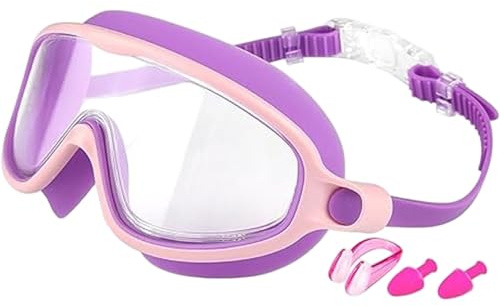 Ngbbby Kids Swim Goggles, Waterproof Anti-Fog Anti-UV Wide View Swimming Goggles with Nose Clip and Earplugs, Kids Swim
