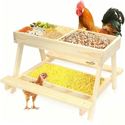 Table de pique-nique pour poules | Table d'alimentation à deux niveaux | Distributeur automatique de nourriture en bois pour poulailler avec 4 grilles d'alimentation – Table d'alimentation pour