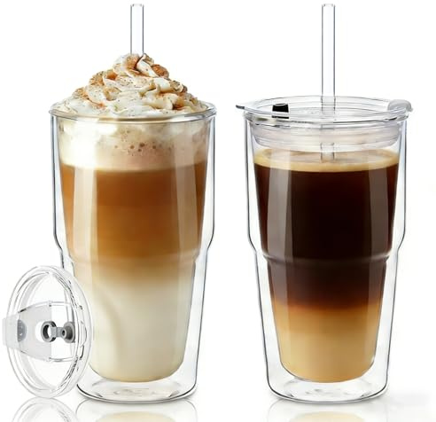 KEMORELA Juego de 2 vasos de cristal de doble pared de 480 ml con tapa y pajita para café, latte macchiato, café helado y bebidas frías