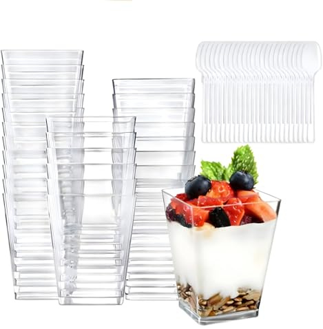 Colrid 50 Pezzi Coppe da Dessert in Plastica Riutilizzabile, 160ml Tazze Quadrate Trasparenti con Forchette per Semifreddo, Antipasto - Scatole Portata Sicure senza BPA per Feste, Casa