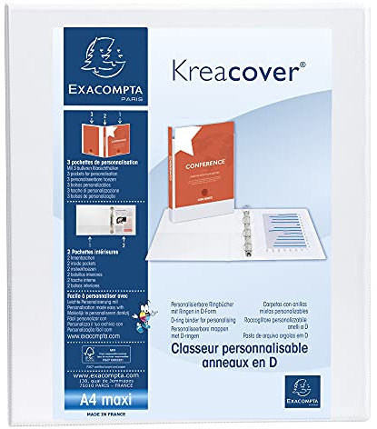Exacompta 51841E Präsentationsringbuch KreaCover mit festem Einband für DIN A4, Deckel, Rückseite und Rücken mit Tasche 4-D Ring Mechanik 20 mm, Rücken 38 mm, Außenmaße 32 x 27,3 cm weiß