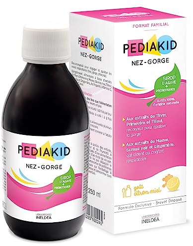 PEDIAKID - Nez-Gorge - Apaise & dégage les voies respiratoires - Participe au fonctionnement du système immunitaire - Thym, Tilleul, Sureau, Gingembre, Vitamine C & Cuivre - Goût citron miel - 250ml