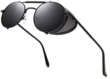 RONSOU Steampunk Stile Rotondi Vintage Occhiali da Sole Retrò Occhiali UV400 Protezione Metallo Telaio nero telaio/grigio lente