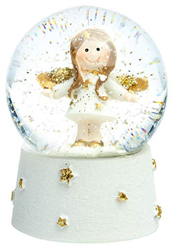 SIKORA SK05 Kleine Glas Deko Schneekugel Engel Weiss Gold D:45mm
