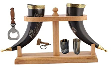 Viking Drinking OX Horn | Tankard | Mug | Cup for Ale, Beer, Mead, Wine, Shot Glass, Bottle Opener |100% Leak Free | Natural and Handmade | COMBO OFFERS (2 HORNS WITH WOOD STAND COMBO)