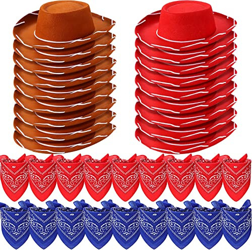 Unittype 18 Sets Cowboy Hats and Bandanas Bulk Kids Western Cowboy Costume Accessories Kids Party Supplies(Brown, Red, Blue)