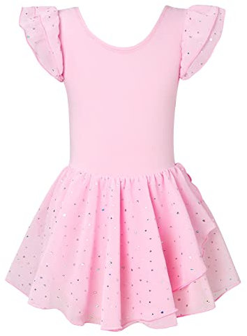 TUONROAD Girls Short Sleeve Ballet Dance Dress Leotard Gymnastics Leotard Pink Kids Cross Straps Crew Neck Dancewear Fancy Tutu Dresses 8-9 Years